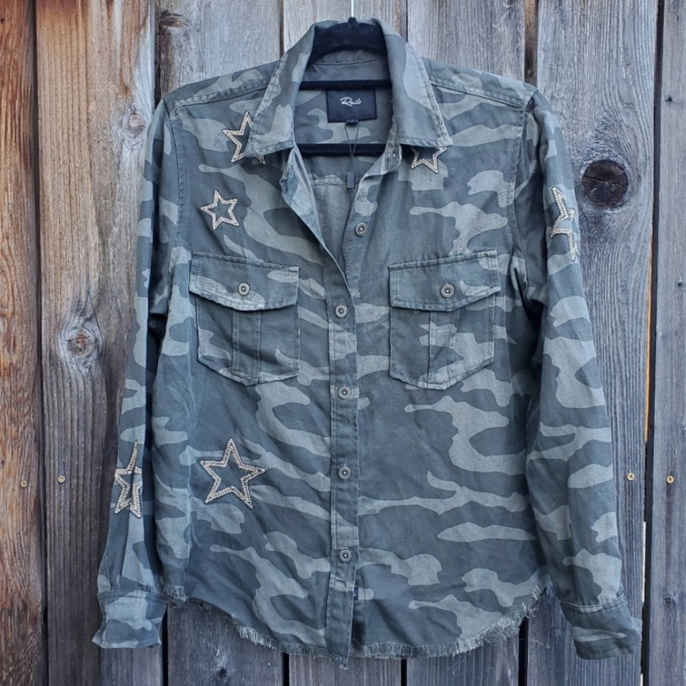 Rails Camo Star Raw Hem Button Front Top - image 5
